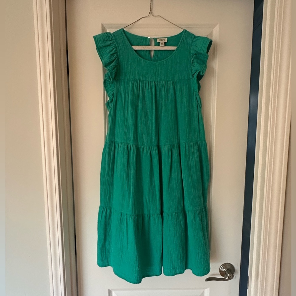 J. Crew Green Tiered Ruffle-Sleeve Dress